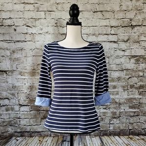 Nautica Navy Blue Striped Boat neck quarter sleeve